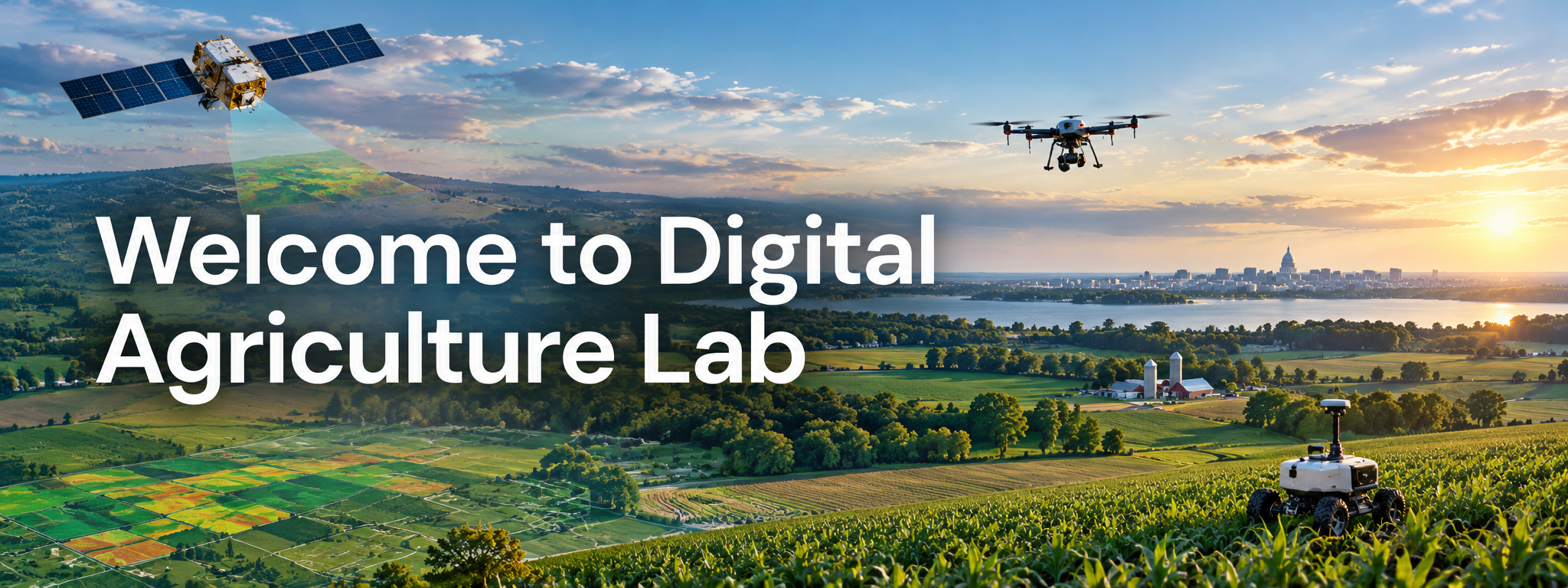 Welcome to Digital Agriculture Lab, shown over a landscape with a satellite, drone, agricultural robot, and crop fields
